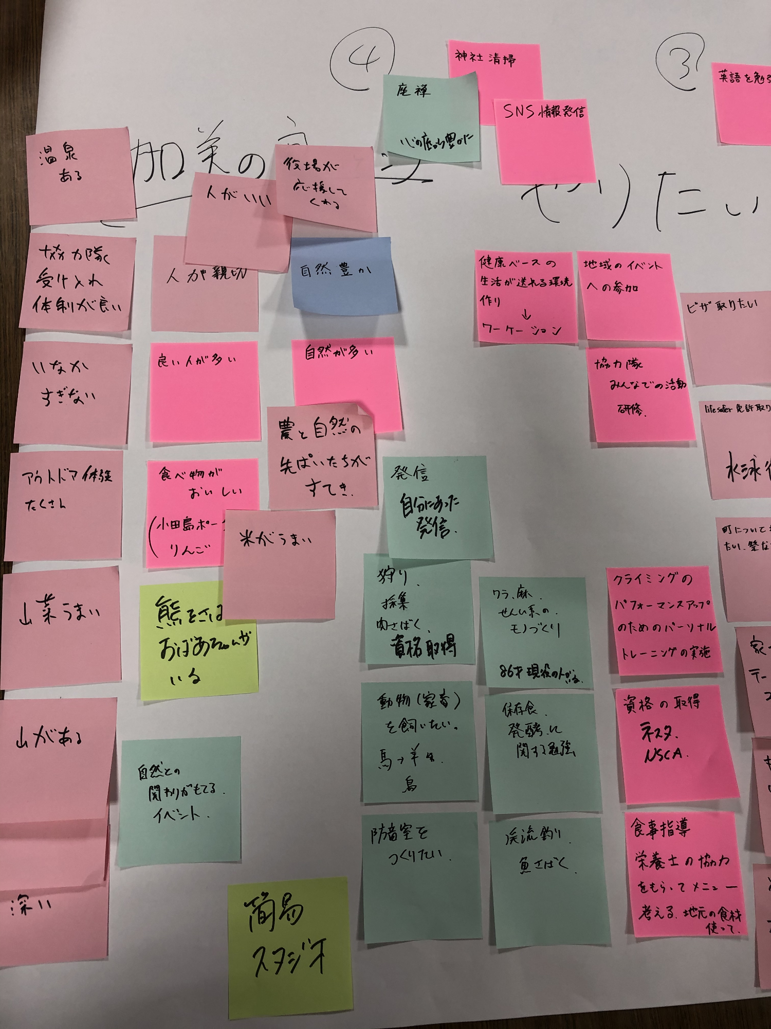 水色やピンクなど色違いの付箋がたくさん貼られている資料の写真