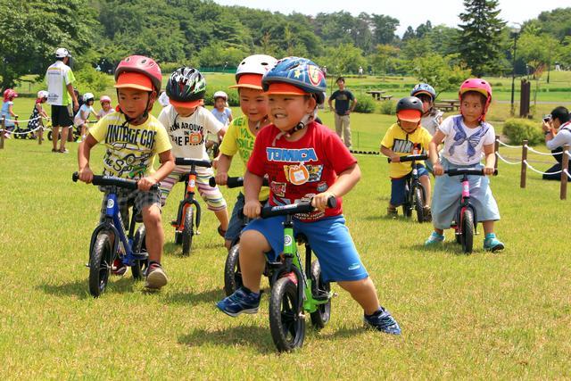 芝生の上で、ヘルメットをかぶった子どもたちが自転車に乗っている写真