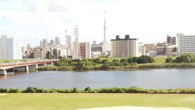 川の向こうに立ち並ぶビルの奥に、とても高い塔が見えている写真