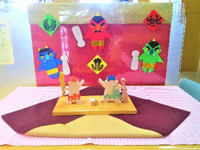 2026年2月季節の組木コーナー、節分の青鬼、赤鬼