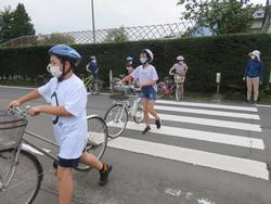 自転車を押して、横断歩道を渡っている子供たちの写真